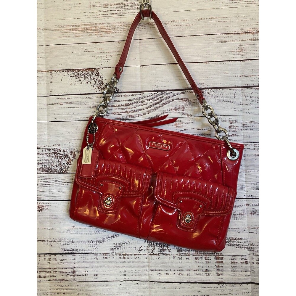 Coach 18678 Poppy Liquid Gloss Red Quilted Turnlock Shoulder Handbag Purse EUC
